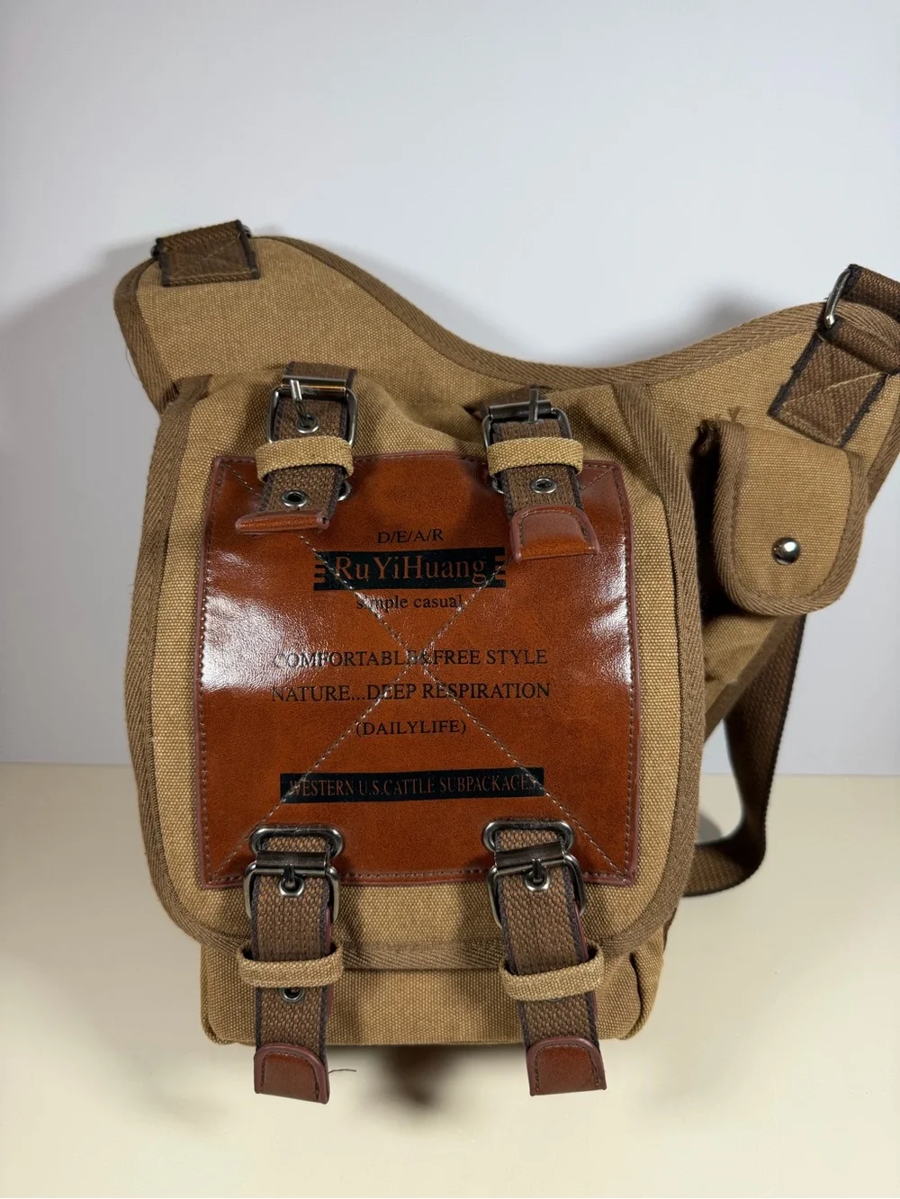 Brown Canvas Messenger Bag with Leather Trim